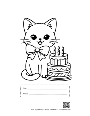Thumbnail: Siamese Kitten Sitting Next to a Tiered Cake Birthday Party Coloring Sheet Printable with Title and Artist Box