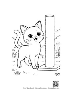 Thumbnail: Siamese Kitten Standing by a Tall Scratching Tree Indoor Cat Coloring Printable
