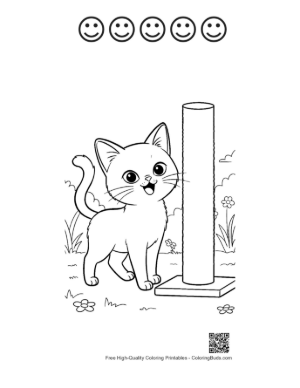 Thumbnail: Siamese Kitten Standing by a Tall Scratching Tree Indoor Cat Coloring Printable and 5 Happy Face Outline