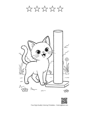 Thumbnail: Siamese Kitten Standing by a Tall Scratching Tree Indoor Cat Coloring Printable and 5 Star Outline