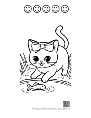 Thumbnail: Siamese Kitten Watching Goldfish in the Water Outdoor Pet Coloring Printable and 5 Happy Face Outline