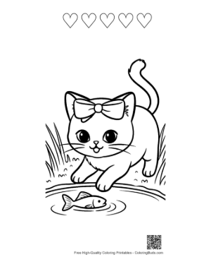 Thumbnail: Siamese Kitten Watching Goldfish in the Water Outdoor Pet Coloring Printable and 5 Heart Outline