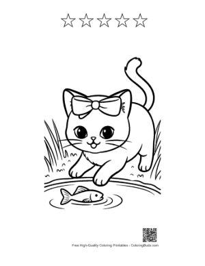 Thumbnail: Siamese Kitten Watching Goldfish in the Water Outdoor Pet Coloring Printable and 5 Star Outline