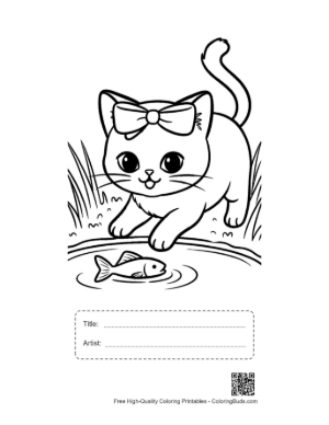 Thumbnail: Siamese Kitten Watching Goldfish in the Water Outdoor Pet Coloring Printable with Title and Artist Box