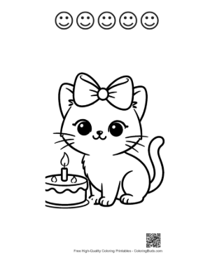 Thumbnail: Siamese Kitten with a Big Birthday Cake Holiday Celebration Coloring Printable and 5 Happy Face Outline