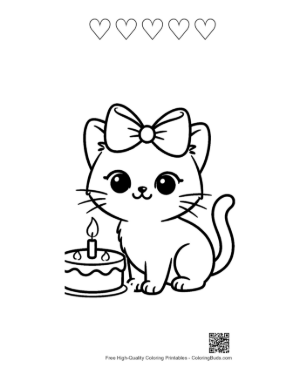 Thumbnail: Siamese Kitten with a Big Birthday Cake Holiday Celebration Coloring Printable and 5 Heart Outline