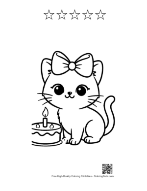 Thumbnail: Siamese Kitten with a Big Birthday Cake Holiday Celebration Coloring Printable and 5 Star Outline