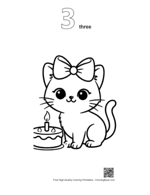 Thumbnail: Siamese Kitten with a Big Birthday Cake Holiday Celebration Coloring Printable Outline Number 3