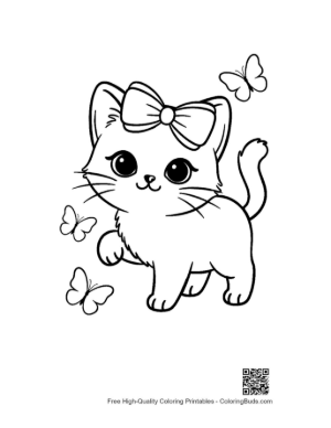 Thumbnail: Siamese Kitten with a Bow Chasing a Butterfly Playful Coloring Page Printable