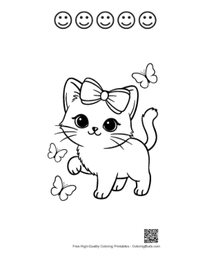 Thumbnail: Siamese Kitten with a Bow Chasing a Butterfly Playful Coloring Page Printable and 5 Happy Face Outline