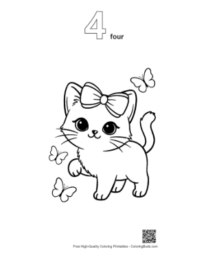 Thumbnail: Siamese Kitten with a Bow Chasing a Butterfly Playful Coloring Page Printable Outline Number 4