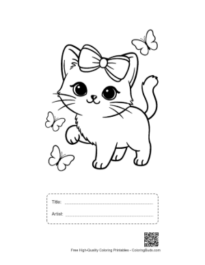 Thumbnail: Siamese Kitten with a Bow Chasing a Butterfly Playful Coloring Page Printable with Title and Artist Box