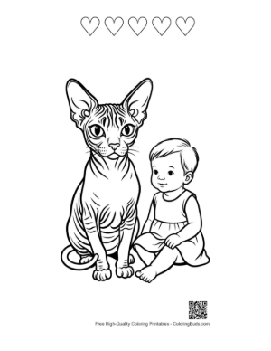 Thumbnail: Sphynx Cat and Toddler Girl Line Art Printable and 5 Heart Outline