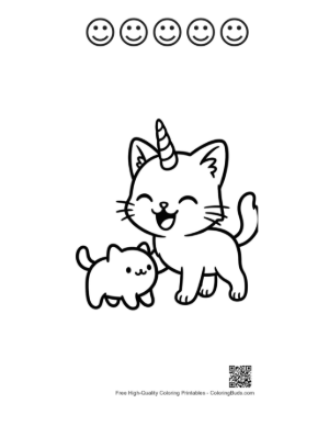 Thumbnail: Adorable Unicorn Cat and Kitten Duo Printable and 5 Happy Face Outline