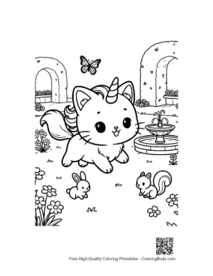 Thumbnail: Caticorn Kitten Exploring a Garden with Butterflies Cute Coloring Page Printable