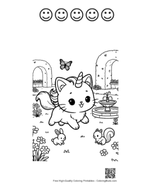 Thumbnail: Caticorn Kitten Exploring a Garden with Butterflies Cute Coloring Page Printable and 5 Happy Face Outline