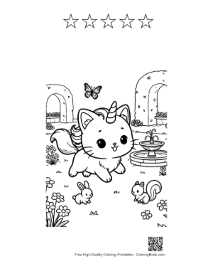 Thumbnail: Caticorn Kitten Exploring a Garden with Butterflies Cute Coloring Page Printable and 5 Star Outline