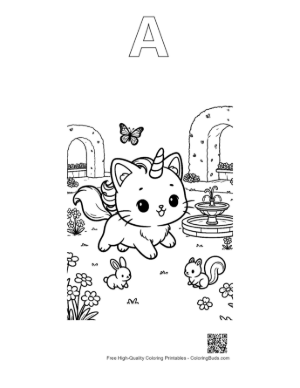 Thumbnail: Caticorn Kitten Exploring a Garden with Butterflies Cute Coloring Page Printable Outline Alphabet A