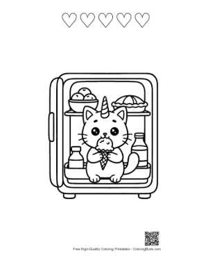Thumbnail: Cute Caticorn Kitten Holding an Ice Cream Cone Dessert Coloring Page Printable and 5 Heart Outline