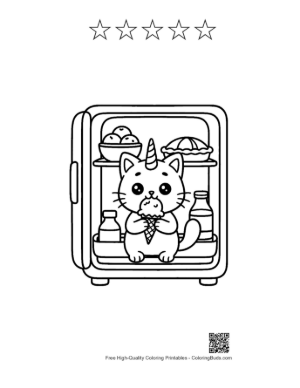 Thumbnail: Cute Caticorn Kitten Holding an Ice Cream Cone Dessert Coloring Page Printable and 5 Star Outline