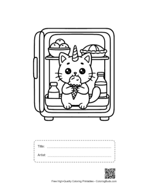 Thumbnail: Cute Caticorn Kitten Holding an Ice Cream Cone Dessert Coloring Page Printable with Title and Artist Box