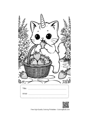 Thumbnail: Cute Caticorn with a Basket of Fruit in the Meadow Floral Coloring Page Printable with Title and Artist Box