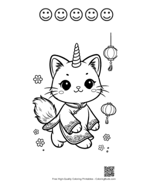 Thumbnail: Cute Unicorn Cat Flying Through Space with Stars and a Planet Printable and 5 Happy Face Outline