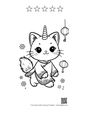 Thumbnail: Cute Unicorn Cat Flying Through Space with Stars and a Planet Printable and 5 Star Outline