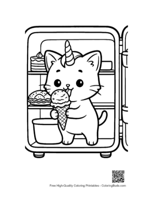 Thumbnail: Happy Caticorn Eating a Sundae Cone Near the Fridge Sweet Coloring Page Printable