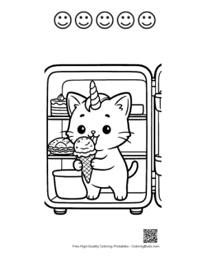 Thumbnail: Happy Caticorn Eating a Sundae Cone Near the Fridge Sweet Coloring Page Printable and 5 Happy Face Outline
