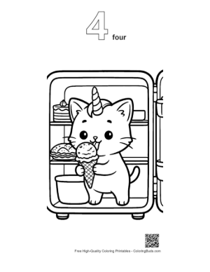 Thumbnail: Happy Caticorn Eating a Sundae Cone Near the Fridge Sweet Coloring Page Printable Outline Number 4