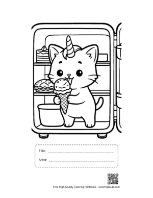 Thumbnail: Happy Caticorn Eating a Sundae Cone Near the Fridge Sweet Coloring Page Printable with Title and Artist Box