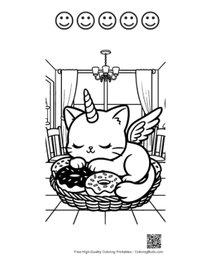 Thumbnail: Magical Unicorn Cat Floating with Stars and a Tiny Planet Printable and 5 Happy Face Outline