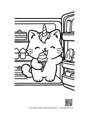 Thumbnail: Unicorn Cat Enjoying an Ice Cream Treat Indoors Adorable Coloring Sheet Printable