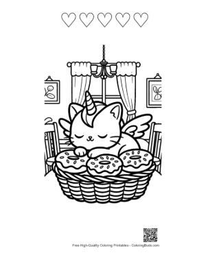 Thumbnail: Unicorn Cat Sitting with Its Paws Tucked and a Magic Horn Printable and 5 Heart Outline