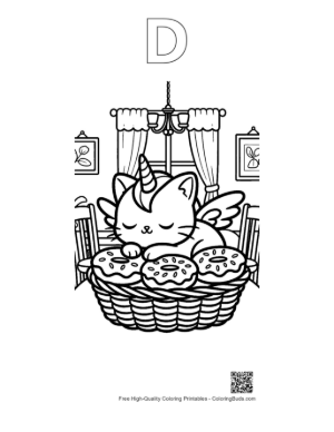 Thumbnail: Unicorn Cat Sitting with Its Paws Tucked and a Magic Horn Printable Outline Alphabet D