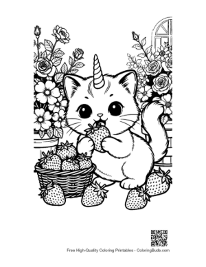Thumbnail: Unicorn Kitten Munching on a Delicious Strawberry Garden Coloring Sheet Printable