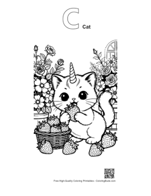 Thumbnail: Unicorn Kitten Munching on a Delicious Strawberry Garden Coloring Sheet Printable Outline Alphabet C Cat