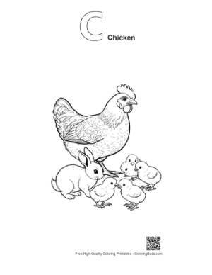 Thumbnail: Mother Hen and Bunny with Chicks Printable Outline Alphabet C Chicken