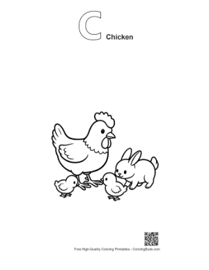 Thumbnail: Mother Hen and Bunny with Cute Chicks Printable Outline Alphabet C Chicken