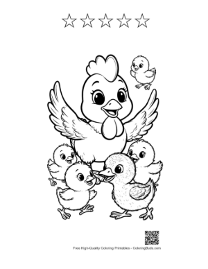 Thumbnail: Mother Hen and Chicks in Joyful Embrace Printable and 5 Star Outline
