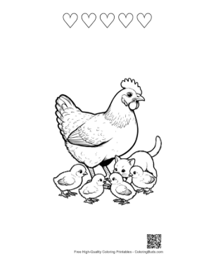 Thumbnail: Mother Hen with Chicks and Kitten Printable and 5 Heart Outline