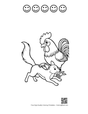 Thumbnail: Playful Rooster and Fox Illustration Printable and 5 Happy Face Outline