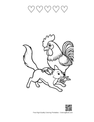 Thumbnail: Playful Rooster and Fox Illustration Printable and 5 Heart Outline