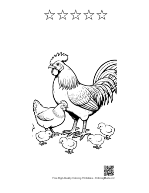 Thumbnail: Proud Rooster and Hen with Chicks Printable and 5 Star Outline