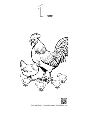 Thumbnail: Proud Rooster and Hen with Chicks Printable Outline Number 1