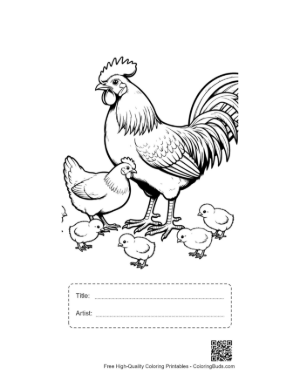 Thumbnail: Proud Rooster and Hen with Chicks Printable with Title and Artist Box