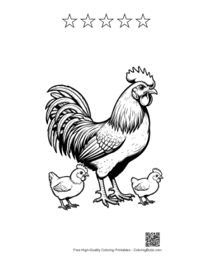 Thumbnail: Proud Rooster with Adorable Chicks Printable and 5 Star Outline