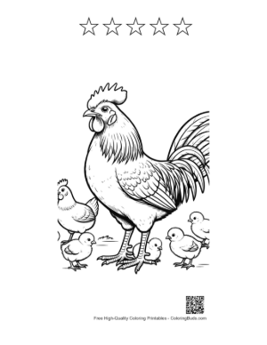 Thumbnail: Proud Rooster with Hens and Chicks Printable and 5 Star Outline