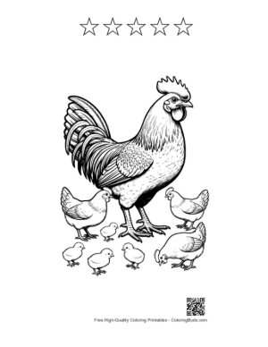 Thumbnail: Proud Rooster with Hens and Chicks Printable and 5 Star Outline
